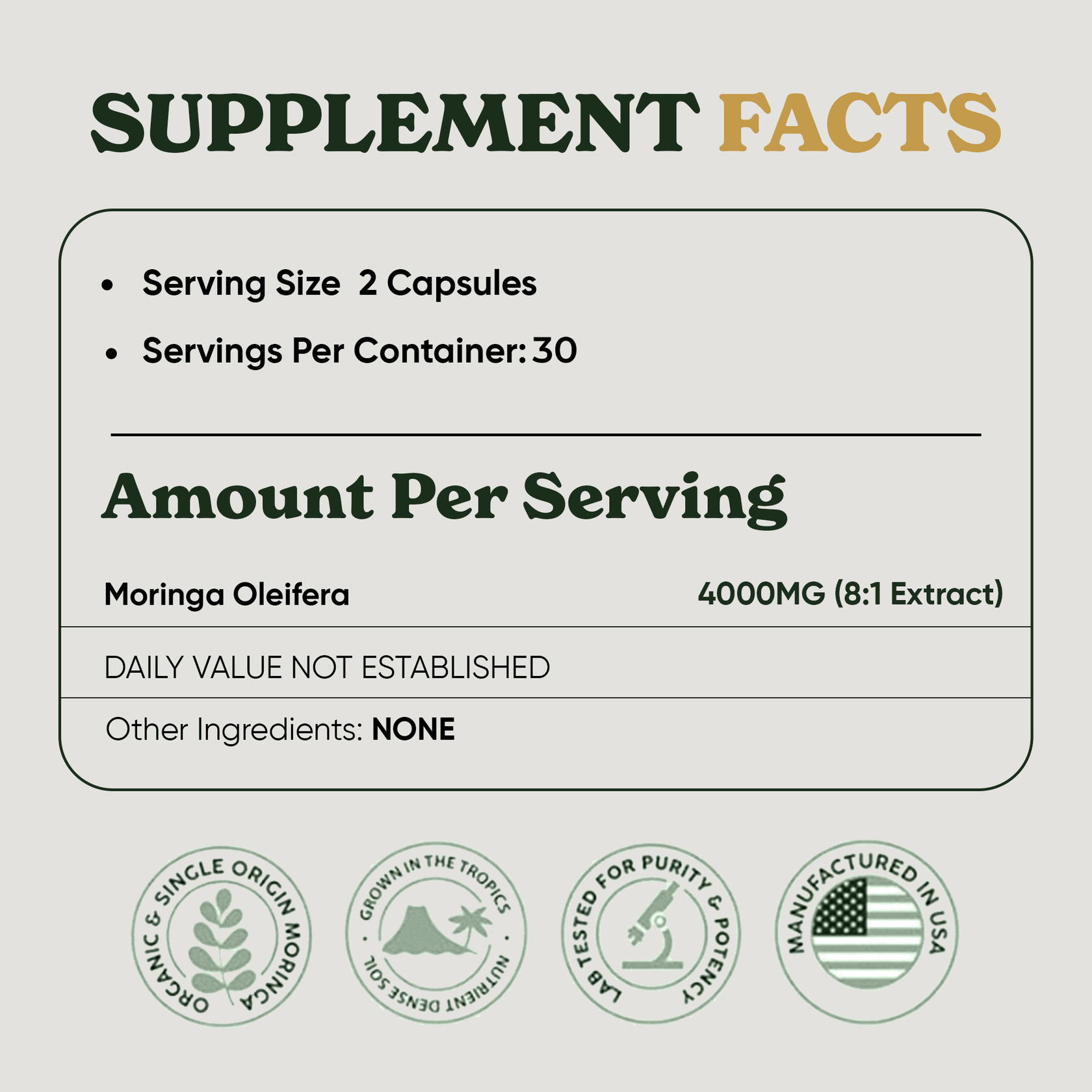 Pure Moringa supplement capsules