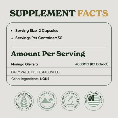 Pure Moringa supplement capsules
